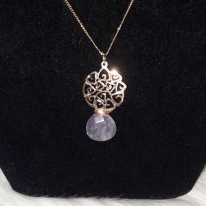 Goldtone amethyst wire wrapped boho necklace and filigree dainty pendant
